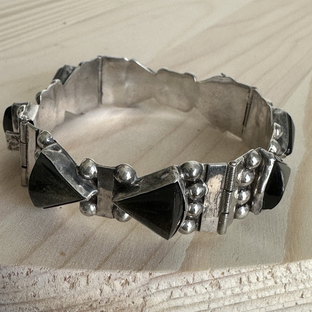 VTG Taxco Link Bracelet Size 6.5 Sheen Obsidian Signed 925 Sterling Mexico 26.1g - Picture 6 of 12